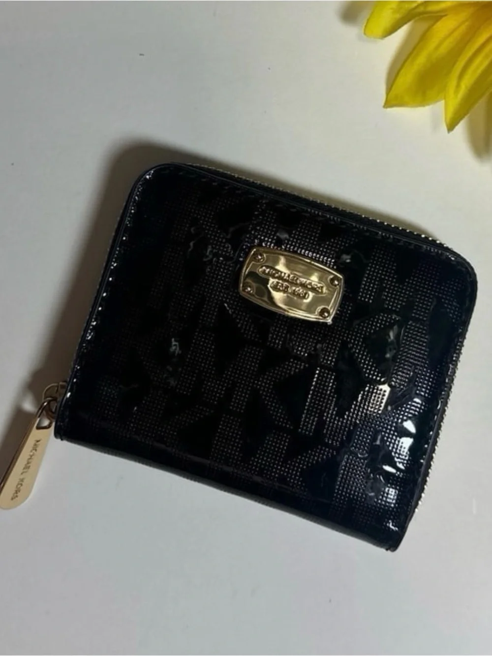 Michael Kors Black Patent Zip Around Card Holder with Gold Plate